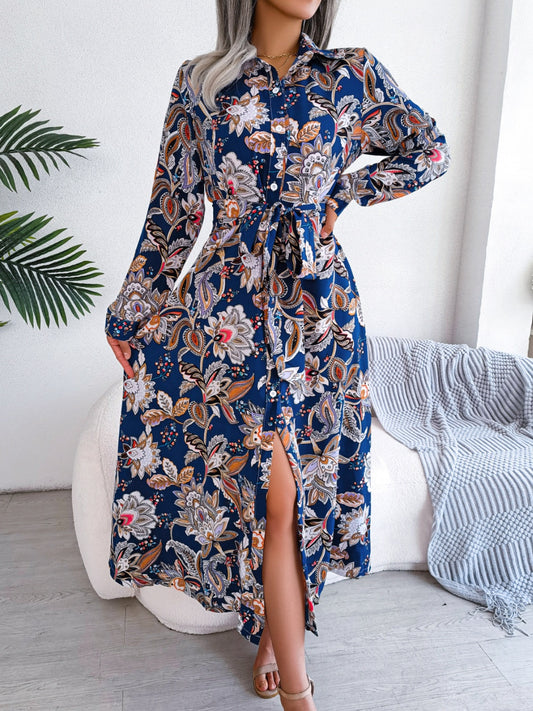 Tied Printed Long Sleeve Midi Dress