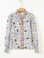 Plaid Frilled Trim V Neck Floral Long Sleeve Blouse