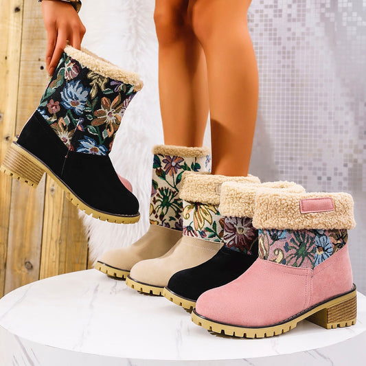 Embroidered Faux Fur Block Heel Boots