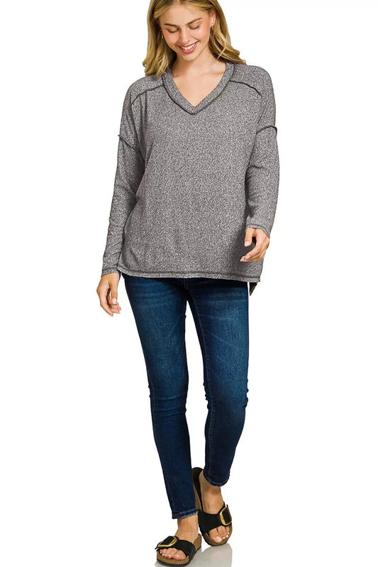 Zenana Soft Melange Hacci Exposed Seam Hi-low Tee