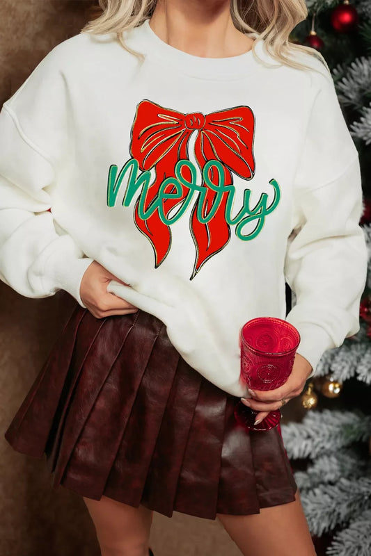 Merry Bow Graphic Drop Shoulder Loose Christmas Sweatshirt