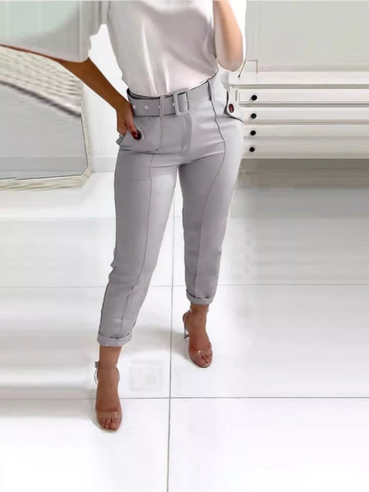 High Waist Belted Slim Fit Ankle Pants