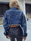 Distressed Raw Hem Collared Neck Long Sleeve Denim Top
