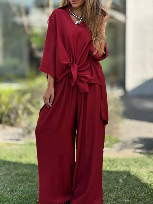 Full Size Collared Neck 3/4 Sleeve Top and Pants Set Plus Size