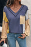 Color Block V-Neck Long Sleeve T-Shirt