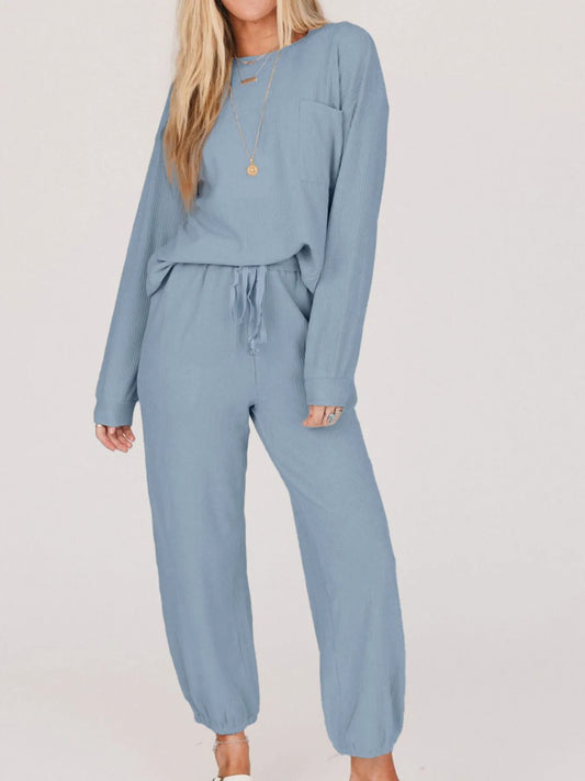 Ribbed Round Neck Sweatshirt and Drawstring Pants Set