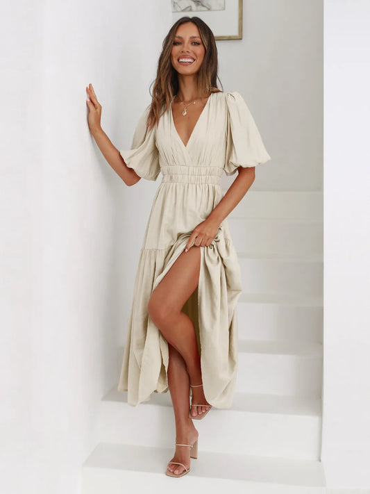 Tiered Surplice Half Sleeve Midi Dress