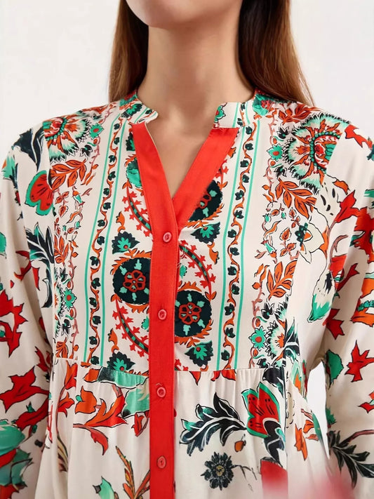 Printed Notched Long Sleeve Maxi Dress