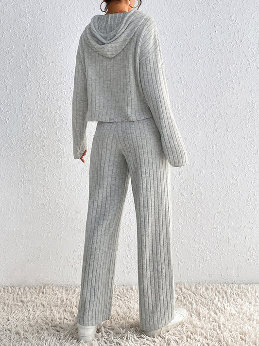 Drawstring Ribbed Hoodie and Straight Leg Pants Set