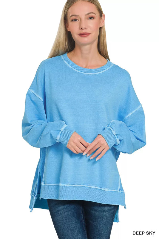 Zenana Full Size French Terry Pigment Dye & Enzyme Washing Pullover Plus Size