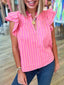 Stripe Split Neck Ruffled Summer Blouse