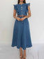 Button-Front Ruffle Sleeve Denim Midi Dress