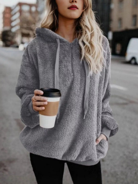 Full Size Half Zip Drawstring Fleece Hoodie Plus Size