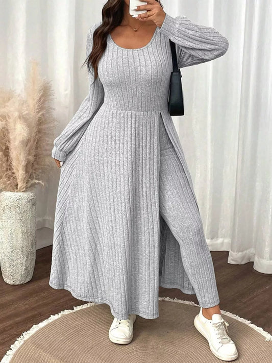 Plus Size Ribbed Knit Long Sleeve Split Dress & Leggings Set