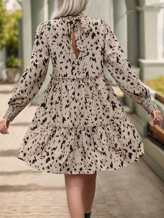 Frill Printed Mock Neck Long Sleeve Mini Dress