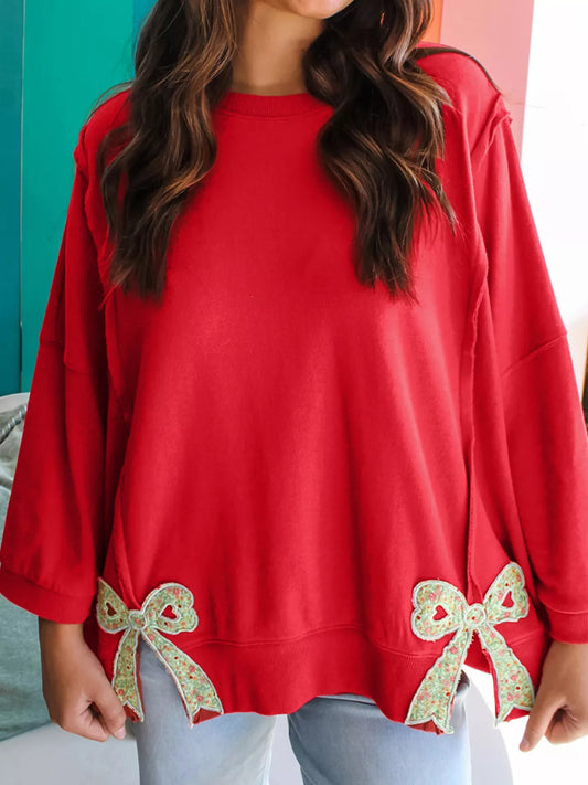 Floral Bow Patched Exposed Seam Patchwork Slit Baggy Sweatshirt