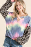 BiBi Tie Dye Terry Top with Leopard Puff Sleeves