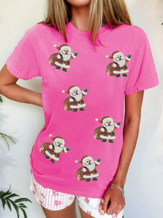 Santa Claus Deliver Gifts Sequin Short Sleeve Tee
