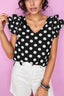 Polka Dot V-Neck Ruffle Cap Sleeve Blouse