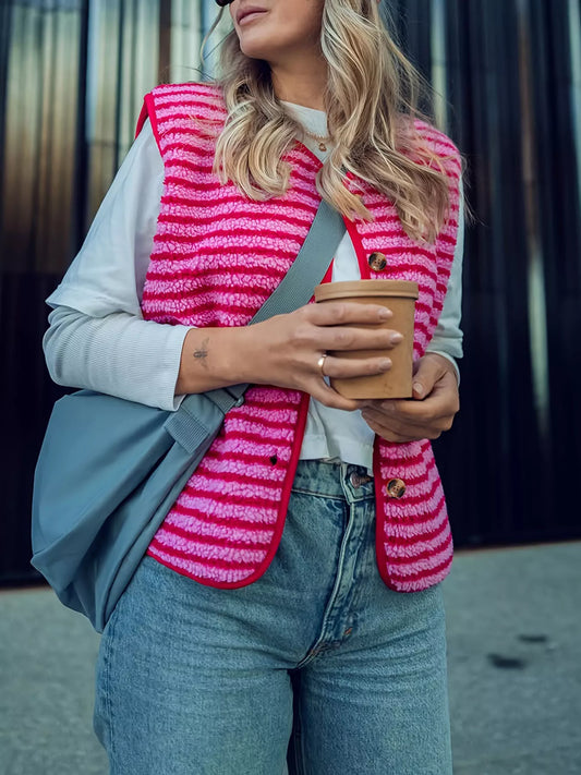 Striped Fleece Button-Up Vest Coat