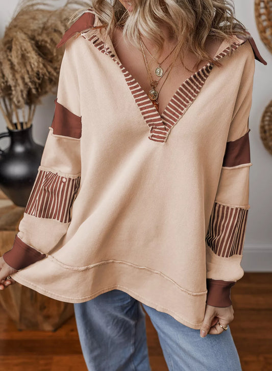 Color Block Striped Johnny Collar Sweatshirt