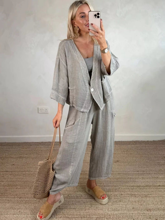 Full Size One Button Casual Top and Pants Set Plus Size