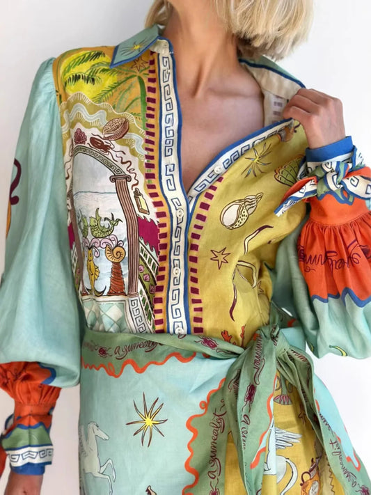 Printed Long Sleeve Shirt Dress