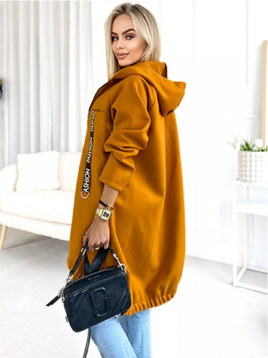 Full Size Zip Up Longline Hooded Outerwear Plus Size