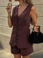 Button Front V-Neck Top and Shorts Set