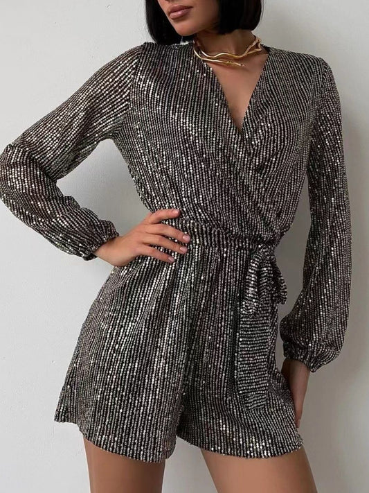 Full Size Sequin Surplice Tie Waist Long Sleeve Romper