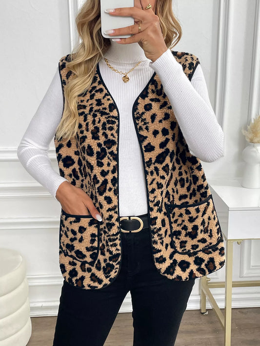 Leopard Fleece Vest Coat with Pockets