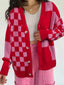 Checkerboard Knit Button-Down Cardigan