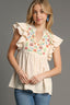 Umgee Full Size Embroidery Notched Double Ruffle Sleeve Blouse Plus Size