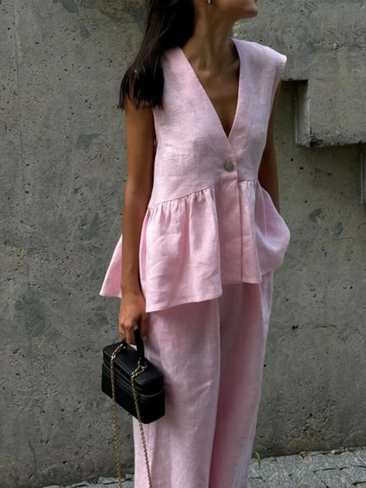 One Button Peplum Top and Pants Set