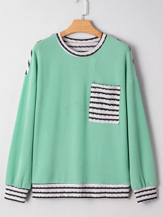 Twisted Ribbed Contrast Round Neck Striped Patchwork Long Sleeve Top