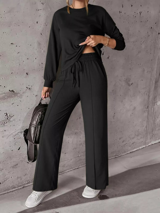 Solid Color Long Sleeve Top & Wide Leg Pants Set
