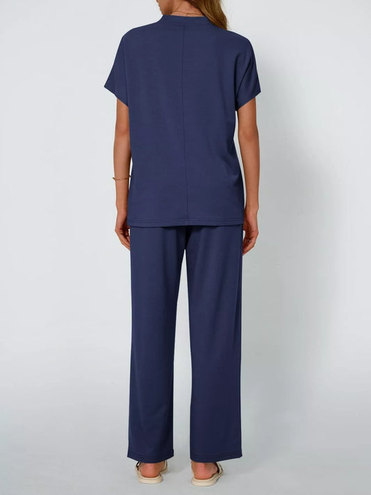 Full Size Round Neck Short Sleeve Top and Pants Set Plus Size