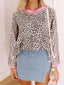Leopard Print Contrast V Neck Varsity Stripe Detail Long Sleeve Top