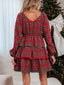 Plaid Print Ricrac Tiered Bubble Sleeve Mini Dress