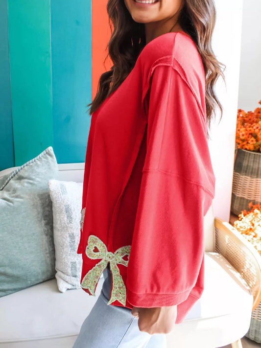 Floral Bow Patched Exposed Seam Patchwork Slit Baggy Sweatshirt