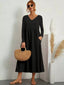 V-Neck Long Sleeve Pocketed Midi Dress