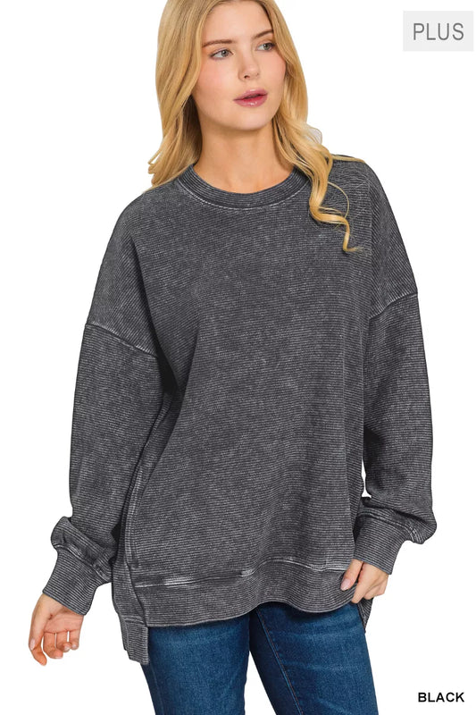 Zenana Full Size Acid Washed Double Ribbed Hi-low Sweatshirt Plus Size