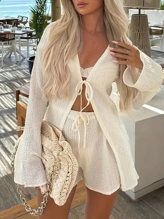 Tie Front Long Sleeve Top and Shorts Set