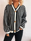 Houndstooth Pattern V-Neck Button-Up Cardigan