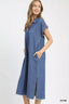 Umgee Stone Washed Collared Denim Midi Dress