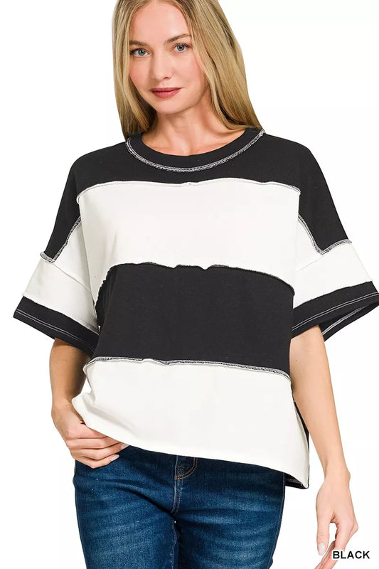 Zenana French Terry Color Block Exposed Seam Top