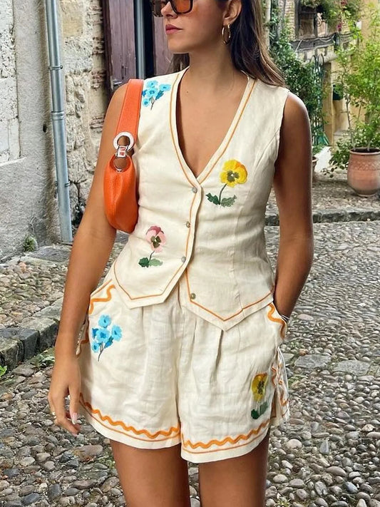 Floral Printed V-Neck Vest and Shorts Set