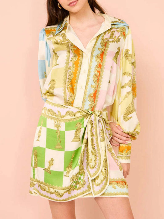 Printed Lantern Sleeve Shirt Dress