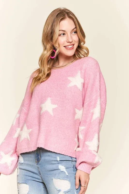 ADORA Full Size Star Contrast Round Neck Sweater Plus Size