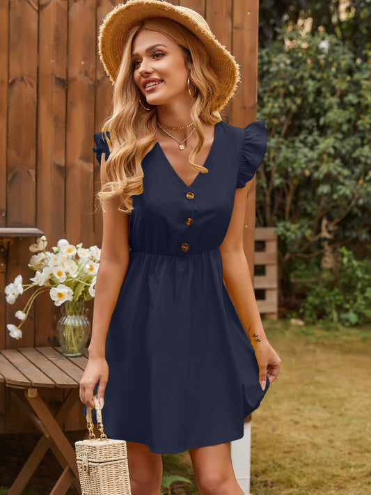 Ruffled V-Neck Cap Sleeve Mini Dress